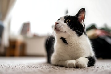 A black and white cat lies on a carpet, looking upwards with a curious expression.