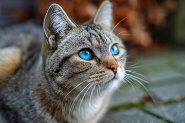 Close-up of a tabby cat with striking blue eyes, looking attentively.