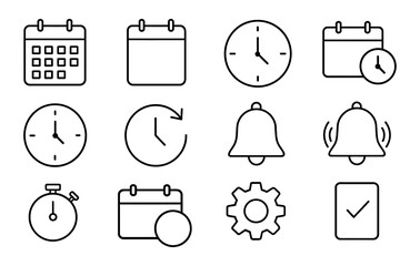Time management, calendar, clock, bell, stopwatch, gear, checklist line icon set, outline style