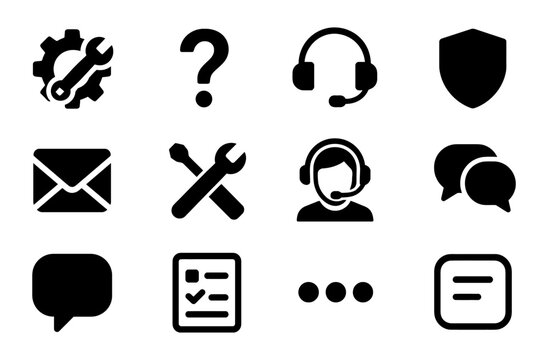 Solid customer service icons set with gear, wrench, headset, shield, chat, checklist, envelope