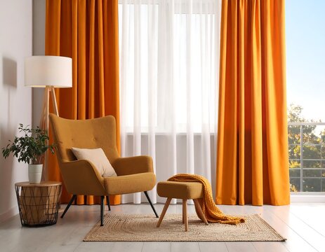 Cozy living room with orange curtains