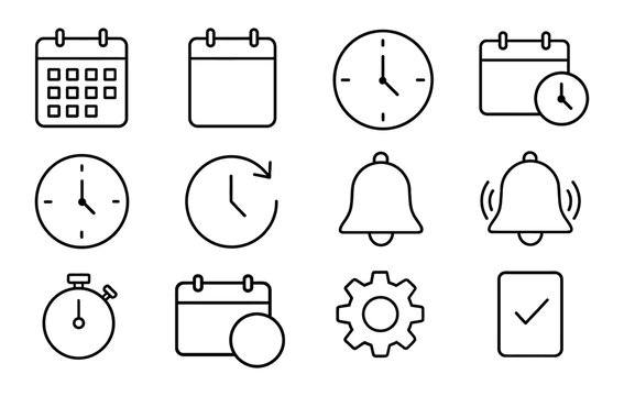 Time management, calendar, clock, bell, stopwatch, gear, checklist line icon set, outline style