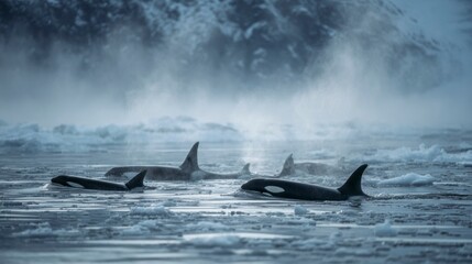 Fototapeta premium Orcas in arctic ice