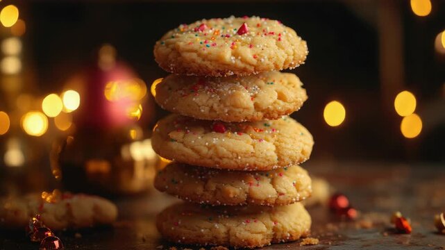 Colorful stack of festive holiday cookies with sprinkles on a table. Christmas decorative lights in the background.