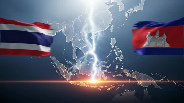Thai and Cambodian flags face off across a map of Southeast Asia, with a lightning bolt striking between them, symbolizing conflict and tension.