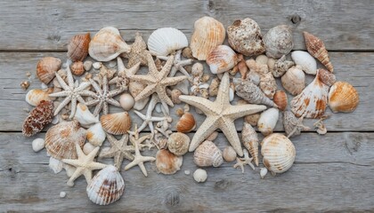 Collection of seashells, starfish scattered on weathered wooden planks. Features natural textures, colors perfect for coastal decor summer themes. Offers rustic, vintage nautical feel for vacation