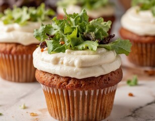 Creative cupcake combines dessert with salad elements. Frosted top paired with green vegetables creates unexpected food fusion. Sweet icing contrasts with fresh greens. Playful idea for baking