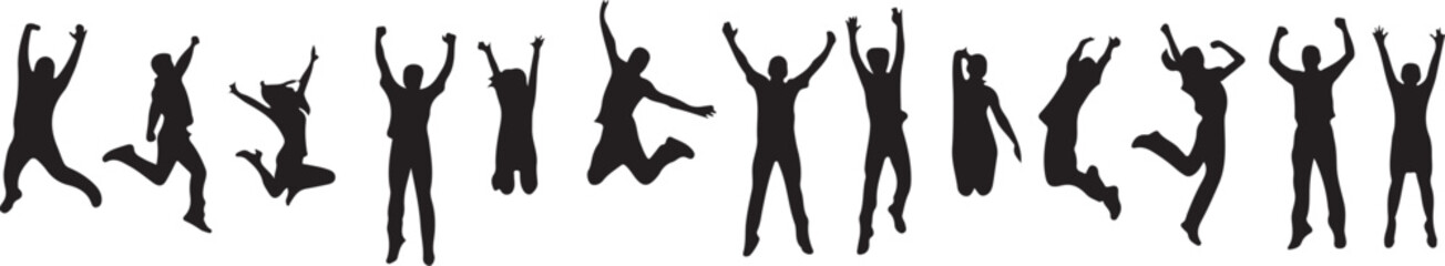 Silhouettes of people jumping and celebrating black silhouette celebration