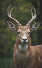 Fototapeta premium Close-up portrait of young European deer, also known as roe deer, with branched antlers against soft green forest background. Gentle herbivore soft brown fur, alert eyes, embodying wild nature,