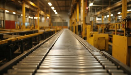 Industrial factory interior with metal conveyor belt system stretching into distance. Bright lighting illuminates metallic rollers, reflecting light, suggesting efficient operation. Yellow machinery,