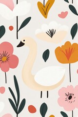 Whimsical Swan and Floral Pattern with Soft Colors and Decorative Elements