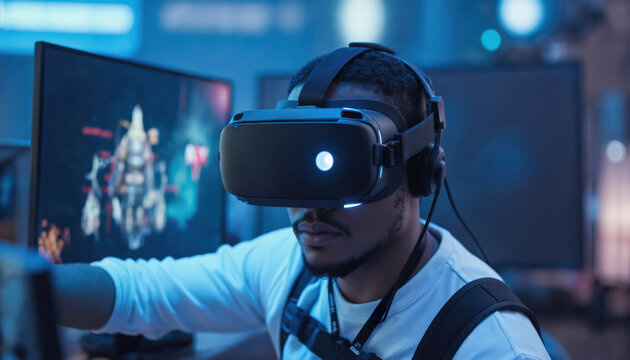 Immersive virtual reality experience with next-gen VR headset. Young man engages in futuristic gaming, interactive digital worlds. Virtual reality technology advances exploration, entertainment, - Powered by Adobe
