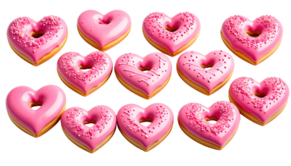 Heart-shaped pink donuts with various toppings  isolated on a transparent background.