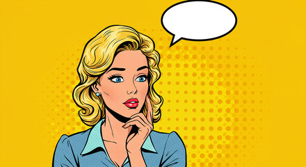 Pop Art Style Illustration of a Thinking Woman with Blank Speech Bubble