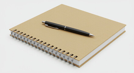 Spiral kraft notebook with pen on white background.