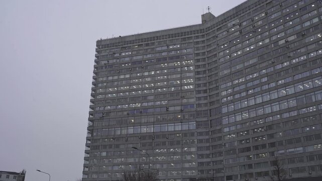 Monolithic Soviet-Era Office Building on an Overcast Day
