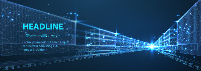 Freight train with containers on blue. Intermodal transport, freight logistics, global export