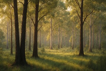 Fototapeta premium Australian eucalyptus forest clearing with soft bokeh and golden afternoon light