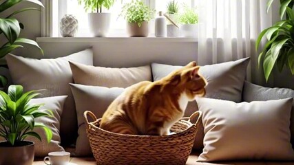 Cute ginger cat wakes up from a nap in a cozy wicker basket at home - Powered by Adobe
