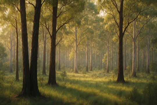 Australian eucalyptus forest clearing with soft bokeh and golden afternoon light