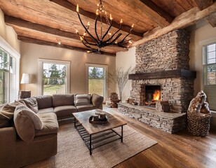 rustic stone fireplace living room with antler chandelier