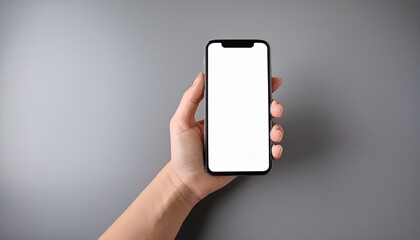 hand holding smartphone with blank screen gray background technology mobile phone app mockup