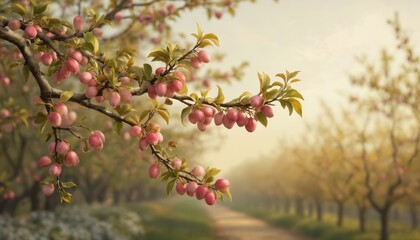 Fototapeta premium Tranquil Japanese plum orchard at dawn with ripening pink, golden fruits. Sunlight filters through trees, illuminating ripening plums on branches. Scenic rolling hills under soft, bright morning