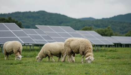 Fototapeta premium Fluffy sheep graze in grassy meadow near solar farm. Scene blends sustainable farming with renewable energy in countryside setting. Rural landscape features sheep among solar panels, promoting