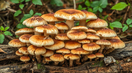 A cluster of honey mushrooms grows on a fallen log, their caps a warm blend of brown and tan, speckled with lighter tones against a blurred green forest backdrop.
