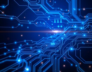 Futuristic technology background, abstract blue circuit lines and glowing digital elements, dark gradient backdrop, no text, no humans, high detail