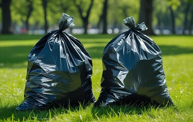 Plastic bags full of garbage in the park
