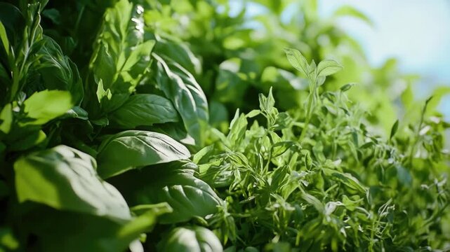 Variety of fresh green herbs growing in a garden or farm