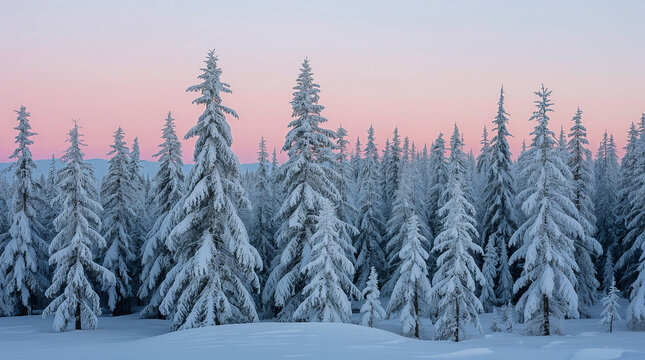 A dense forest of snow-covered fir trees stands under a pastel pink and purple sky, creating a serene winter landscape. - Powered by Adobe