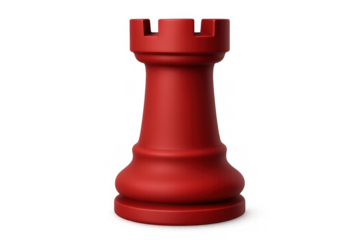 Red rook chess piece standing on a transparent background, representing strategy, gaming, and competition