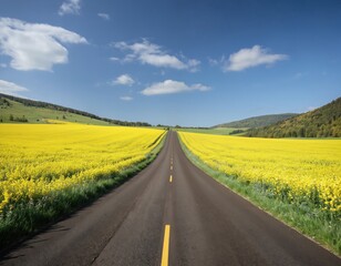 Naklejka premium Empty asphalt road leads through vast field of yellow flowers under bright blue sky with scattered clouds. Scenic countryside landscape invites travel and exploration.