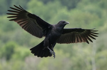 Black crow, symbol of mystery, intelligence, soars gracefully against blurred green background. Wings fully extended, intricate feather details in flight. Close-up shot captures bird powerful