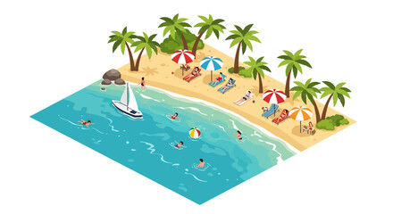 Adobe Illustrator artwork 3D isometric view of a tropical beach scene with people swimming, sunbathing under umbrellas, and a sailboat on the turquoise water. Ideal for summer vacation themes