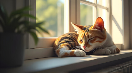 Calico cat resting and sleeping on a window sill in natural daylight