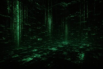 Cyberpunk digital matrix with glowing data fragments and corrupted pixel arrays