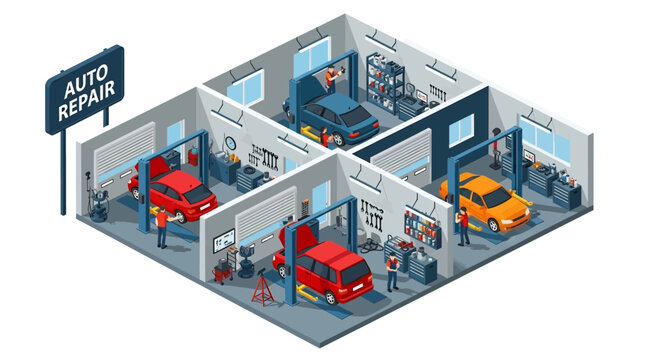 Adobe Illustrator artwork 3D isometric view of an auto service garage with mechanics repairing cars, tools, and equipment. Ideal for automotive repair and maintenance concepts