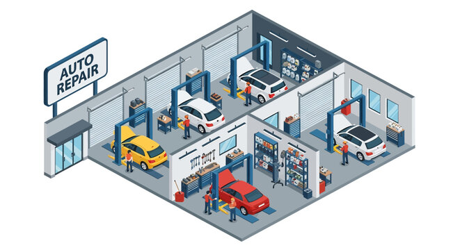 Adobe Illustrator artwork 3D isometric view of an auto service garage with mechanics repairing cars, tools, and equipment. Ideal for automotive repair and maintenance concepts