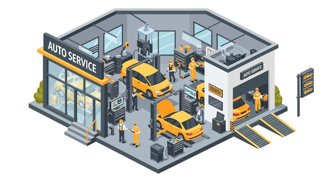 Adobe Illustrator artwork 3D isometric view of an auto service garage with mechanics repairing cars, tools, and equipment. Ideal for automotive repair and maintenance concepts