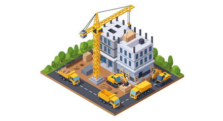 Adobe Illustrator artwork 3D isometric view of a construction site with a building under construction, crane, trucks, excavator, and workers. Ideal for urban development and engineering concepts