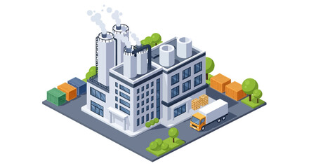 Adobe Illustrator artwork 3D isometric view of a modern factory building with chimneys emitting smoke, surrounded by trees, cargo containers, and a delivery truck. Ideal for industrial and logistics t