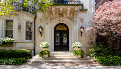 Fototapeta premium An elegant residential doorway with intricate architectural details stands against a clear blue sky.
