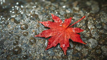 A vibrant red maple leaf, glistening with water droplets, rests on a textured wet surface with swirling bubbles, evoking a serene autumn mood.