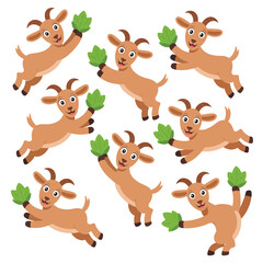 Cute cartoon goats jumping and holding green leaves