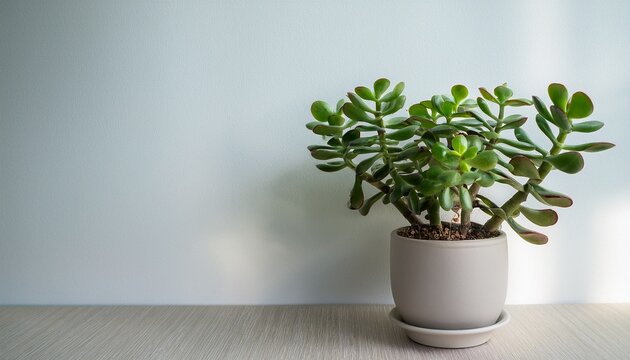beautiful crassula ovata jade plant money plant succulent plant on the background of a white wall home decor and gardening concept