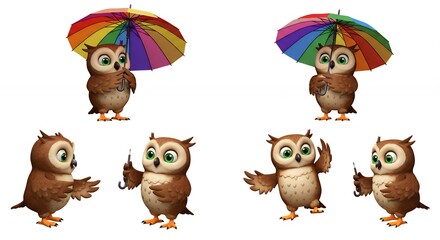 Naklejka premium Cartoon owls under rainbow umbrella