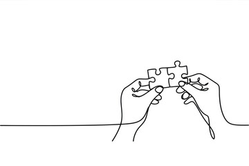 Two hands connecting puzzle pieces in a continuous line drawing